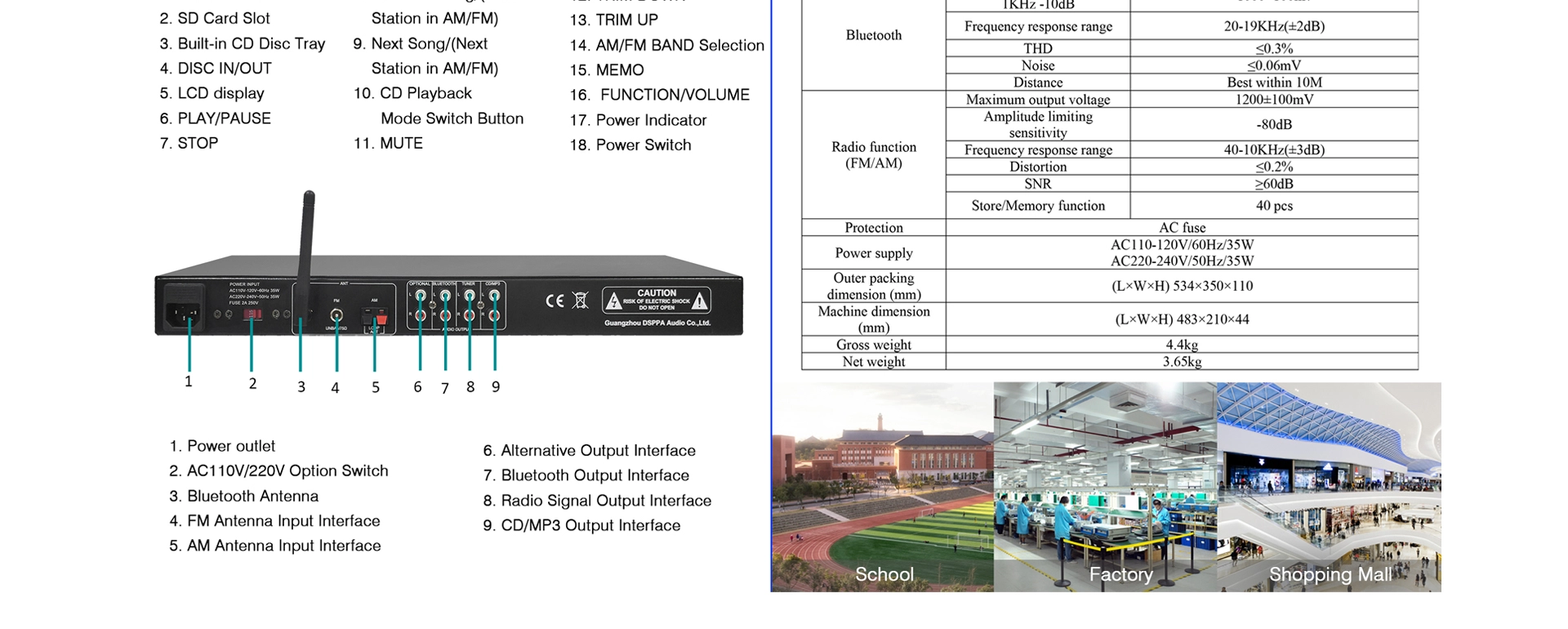 Многоканальный стоечный CD-медиаплеер с CD/USB/FM/Bluetooth